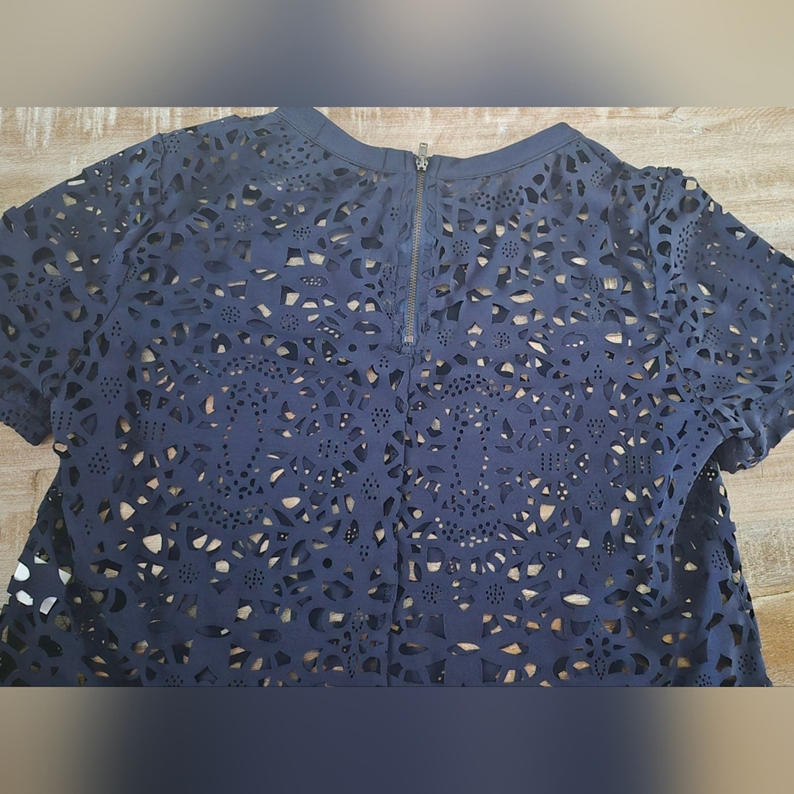 Azalea Navy Blue Eyelet Lace Floral Top Size S Back Zipper Short Sleeve — image 7 of 8